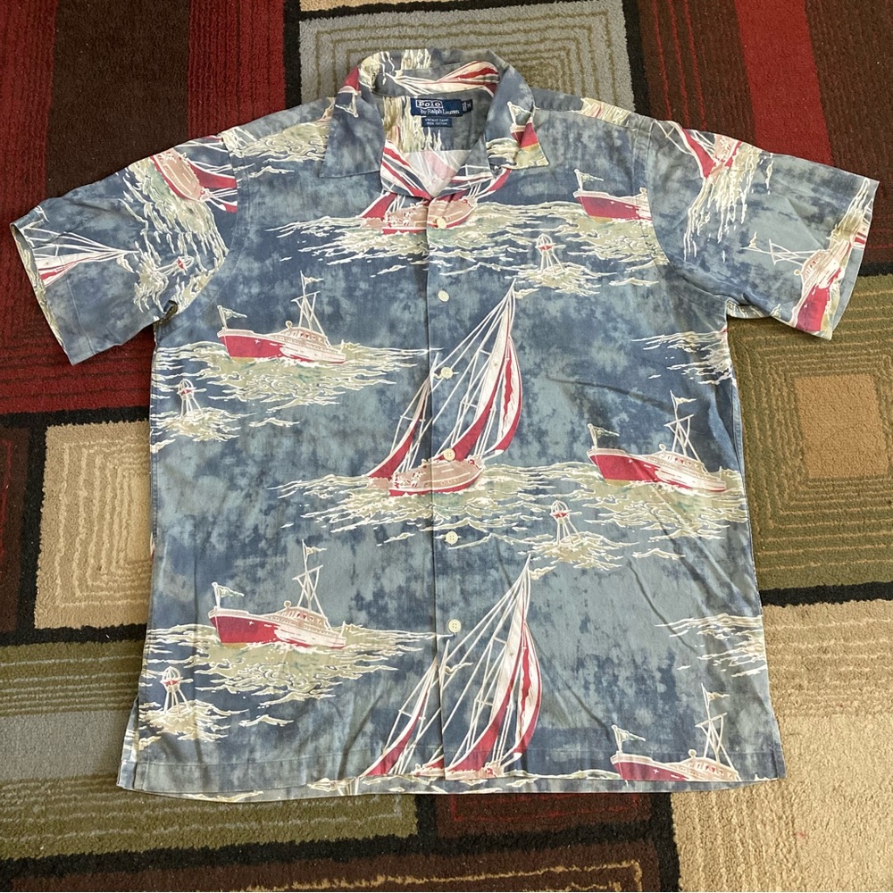 Polo Ralph Lauren Vintage Camp Button Shirt All Over Sail Boat Hawaiian Water